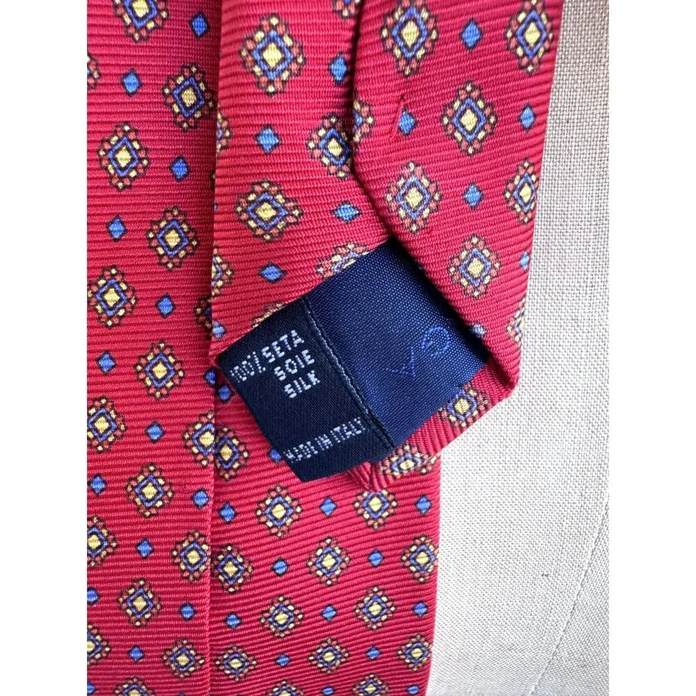 Balenciaga Red Geometric Yellow Blue Diamond 100% Silk Tie Made Italy 3.75